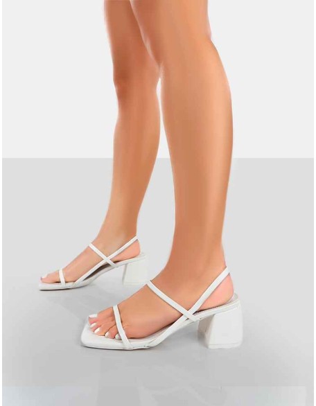 Just Realise Wide Fit White PU Strappy Square Toe Mid Block Heeled Sandals