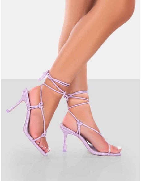 Harriet Lilac Croc Square Toe Lace Up Heels