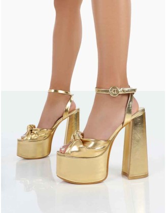 Knot On Gold Pu Knotted Platform High Heeled Sandals