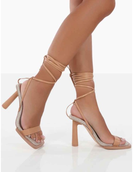 Province Nude Square Toe Strappy Lace Up Heels