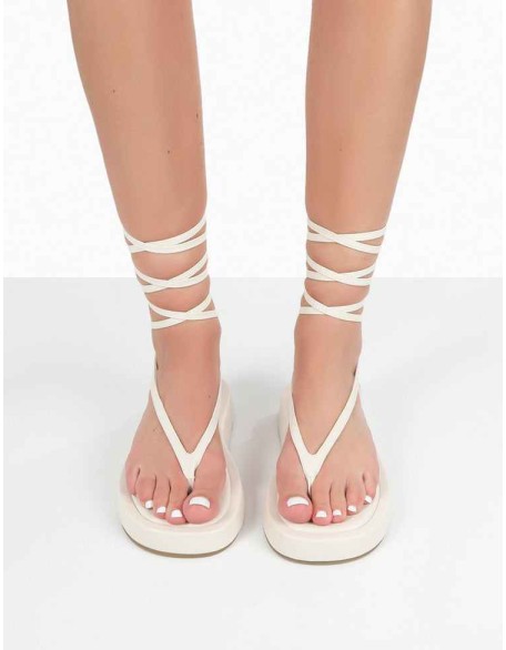 Beach Babe Ecru Lace Up Toe Thong Flatform Sandals