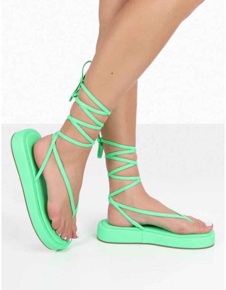 Beach Babe Green Lace Up Toe Thong Flatform Sandals