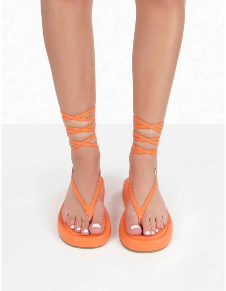 Beach Babe Orange Lace Up Toe Thong Flatform Sandals