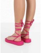 Beach Babe Pink Lace Up Toe Thong Flatform Sandals