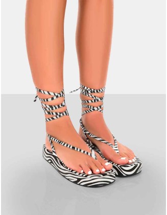 Beach Babe Zebra Lace Up Toe Thong Flatform Sandals