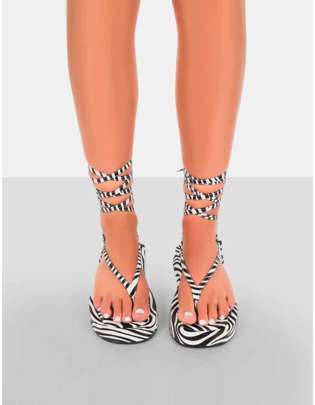Beach Babe Zebra Lace Up Toe Thong Flatform Sandals
