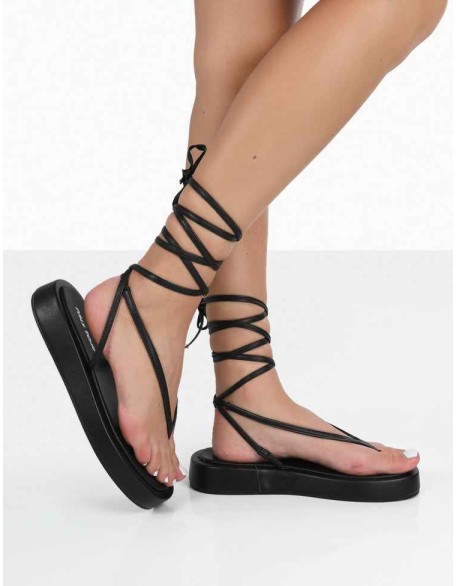 Beach Babe Black Lace Up Toe Thong Flatform Sandals