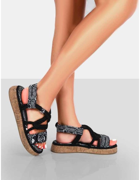 Miami Black Printed Rope Flatform Lace Up Sandals