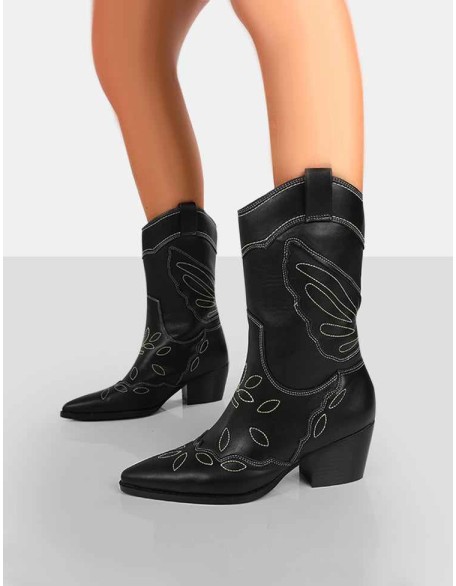 Howdy Black PU Pointed Toe Western Cowboy Ankle Boots