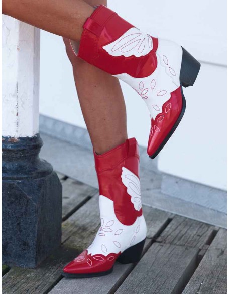 Howdy Red Patent Pointed Toe Western Cowboy Ankle Boots