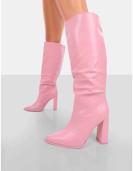 Far Away Pink Grain PU Square Toe Knee High Boots