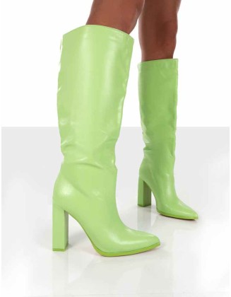 Far Away Lime Grain PU Square Toe Knee High Boots
