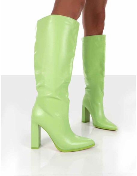 Far Away Lime Grain PU Square Toe Knee High Boots
