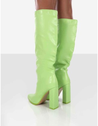 Far Away Lime Grain PU Square Toe Knee High Boots