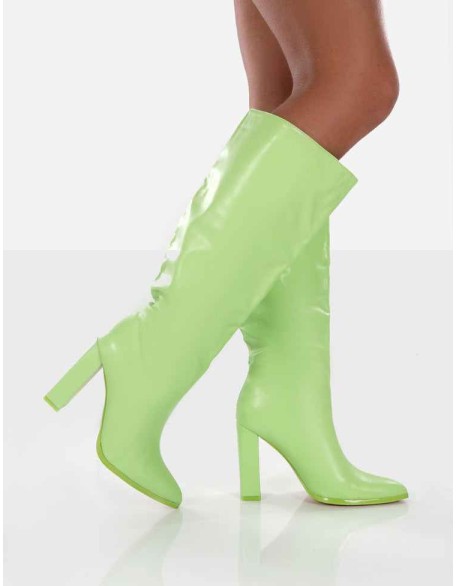 Far Away Lime Grain PU Square Toe Knee High Boots