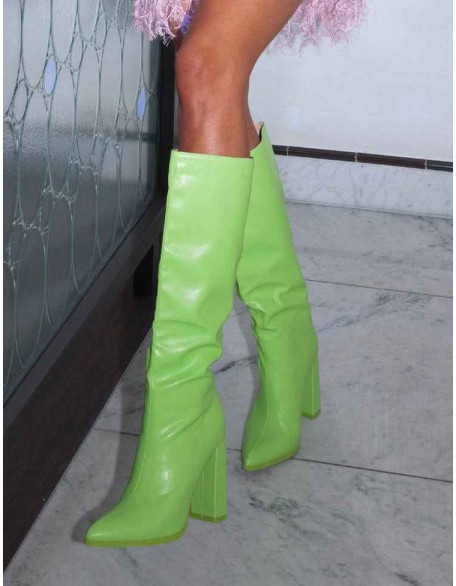 Far Away Lime Grain PU Square Toe Knee High Boots
