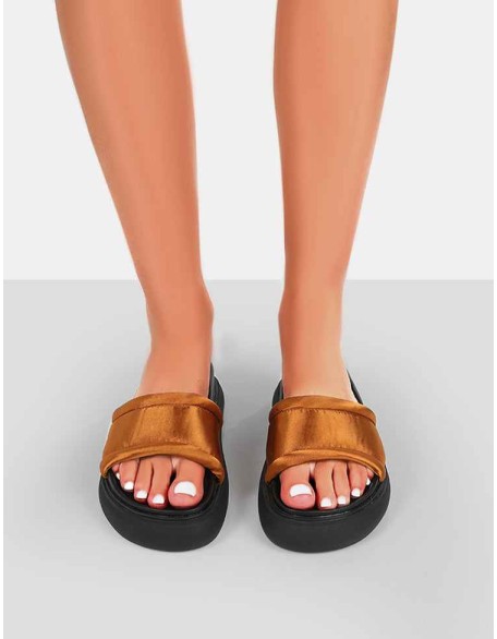 Demi Wide Fit Brown Satin Slider Sandals