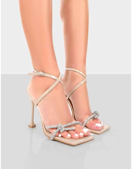 Glitter Nude Wrap Around Diamante Bow Square Toe Heels