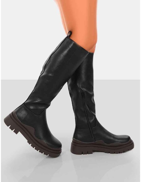 On Point Chocolate Black PU Chunky Sole Knee High Boots
