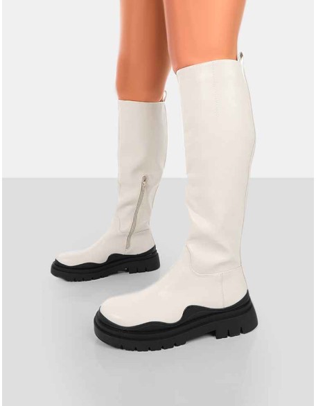 On Point Ecru Black PU Chunky Sole Knee High Boots