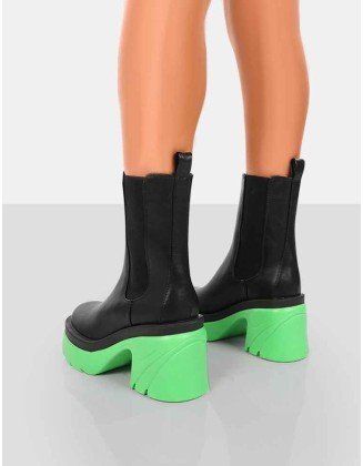 Step Up Black Green PU Heeled Ankle Boots