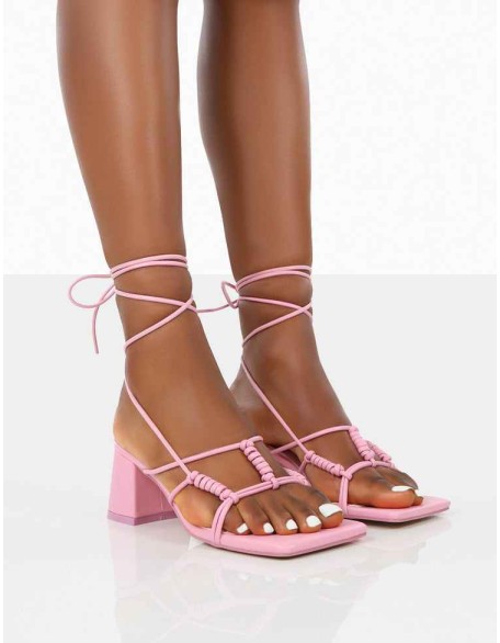 Fanatic Baby Pink PU Square Toe Lace Up Block Mid Heeled Sandals