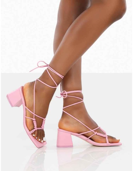 Fanatic Baby Pink PU Square Toe Lace Up Block Mid Heeled Sandals