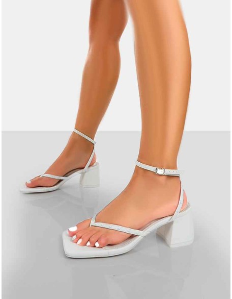Zahra White PU Toe Thong Mid Block Heeled Sandals