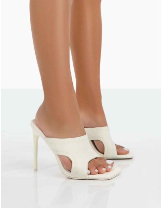 Novee Ecru Lycra Cut Out Heeled Mules