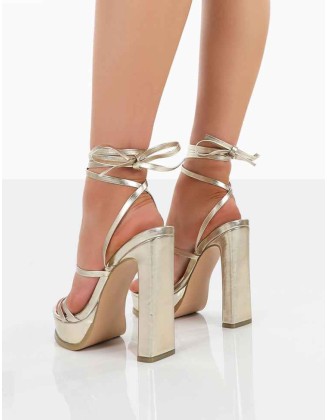 Gimme Gimme Gold PU Strappy Lace Up Block Heels
