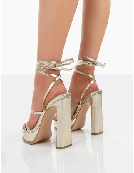 Gimme Gimme Gold PU Strappy Lace Up Block Heels