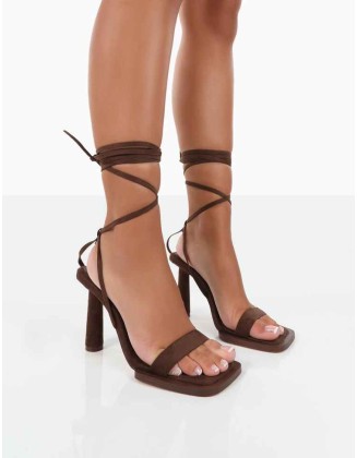 L'amour Chocolate Immi Suede Square Toe Lace Up High Heels