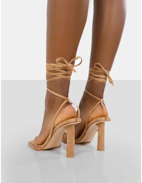 Lamour Wide Fit Beige Faux Suede Square Toe Lace Up Mid Heels