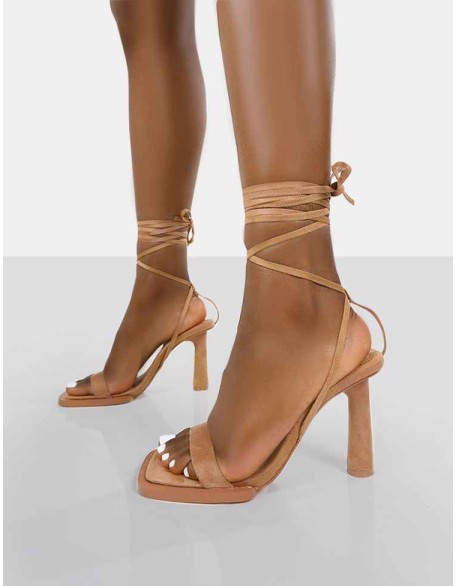Lamour Wide Fit Beige Faux Suede Square Toe Lace Up Mid Heels