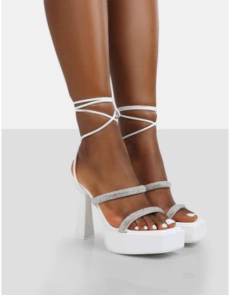 Opal White Pu Diamanté Lace Up Platform Heels
