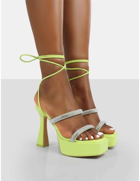 Opal Lime Diamanté Lace Up Platform Heels