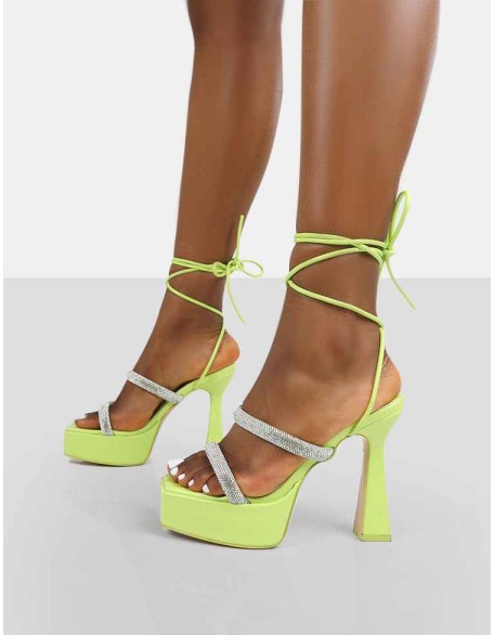 Opal Lime Diamanté Lace Up Platform Heels
