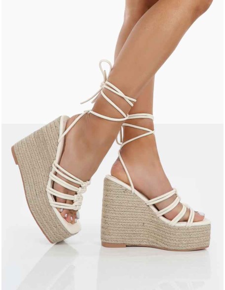 Chakkra Ecru PU High Heeled Sandal Wedges