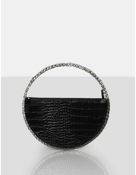 The Alessia Black Croc Circle Diamante Mini Handbag