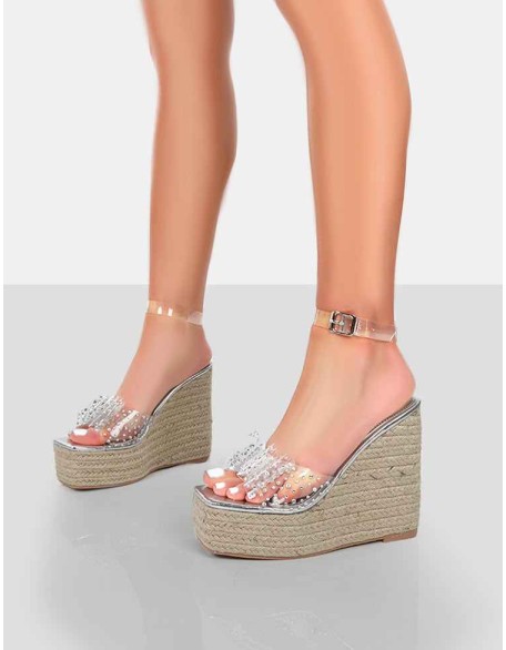 Ocean Beach Silver Patent Bow Platform Wedge Heels