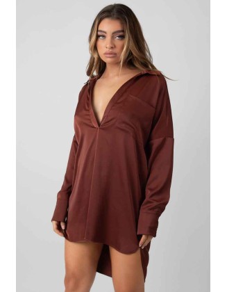 Satin Shirt Dress Chocolate
