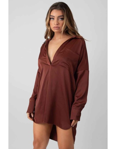 Satin Shirt Dress Chocolate