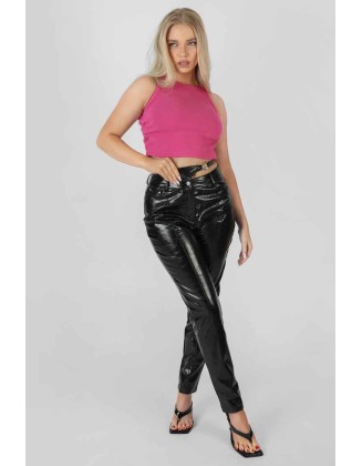 Carabiner Waist Battered Pu Trousers Black
