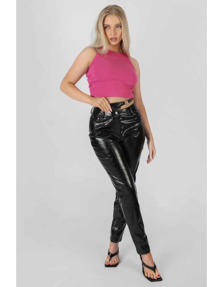 Carabiner Waist Battered Pu Trousers Black