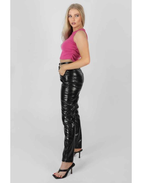 Carabiner Waist Battered Pu Trousers Black