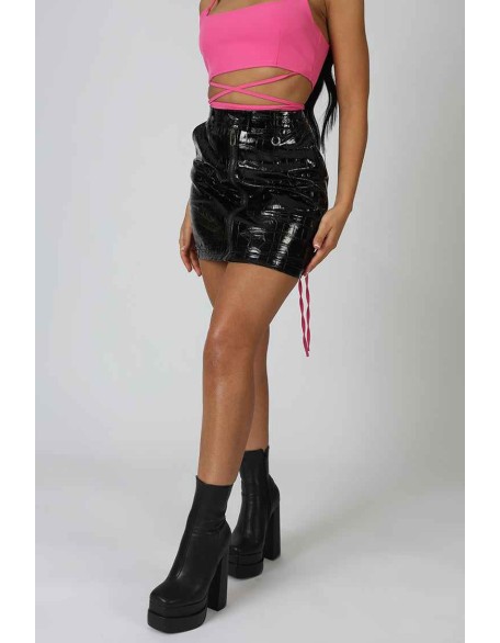 Croc Vinyl High Waisted Skirt Black