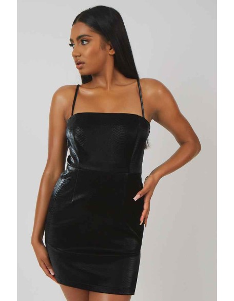 Snakeskin Pu Square Neck Mini Dress Black