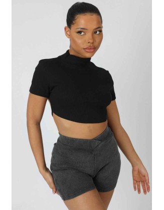 High Neck Tie Back Crop Top Black