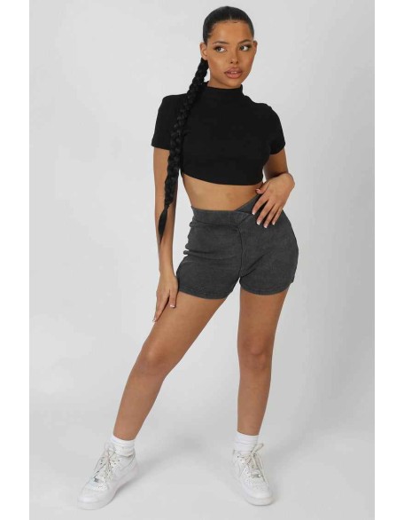 High Neck Tie Back Crop Top Black