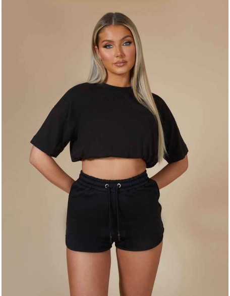 Elasticated Waist Cropped T-Shirt Black